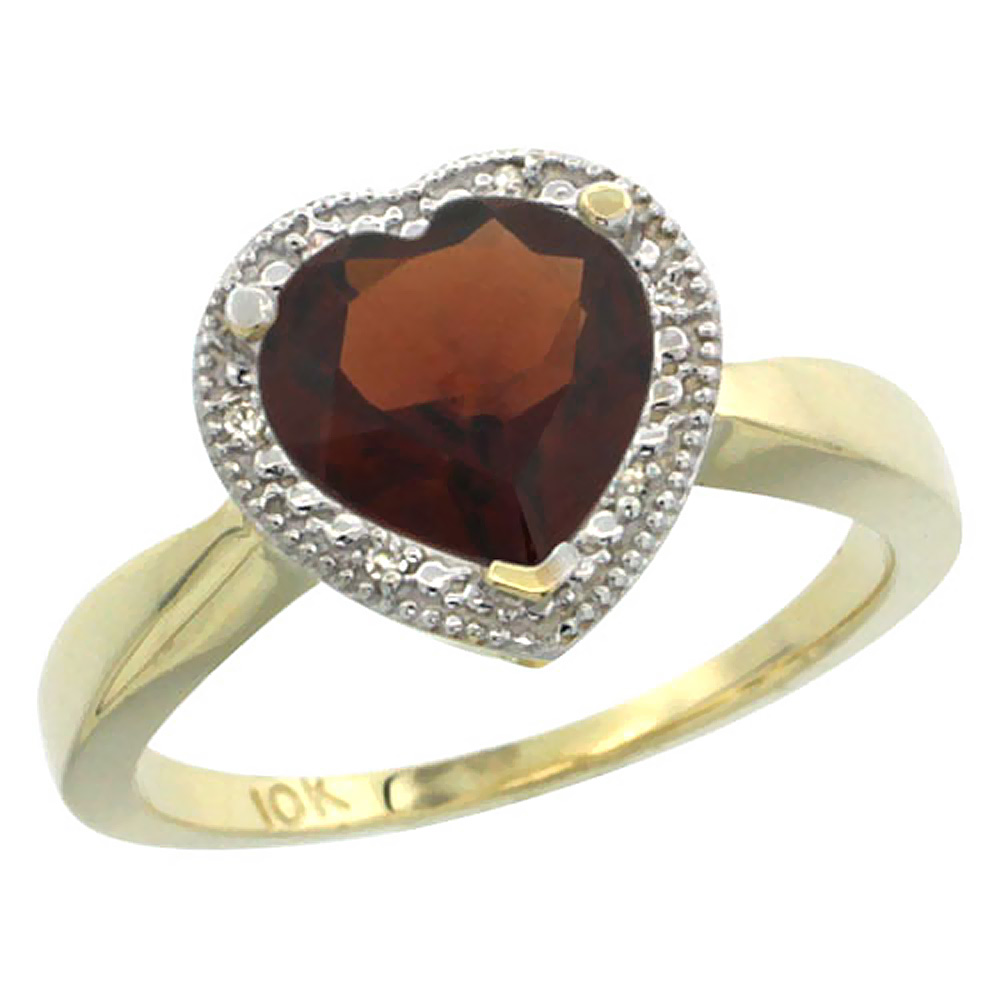 14K Yellow Gold Natural Garnet Ring Heart 8x8mm Diamond Accent, sizes 5-10