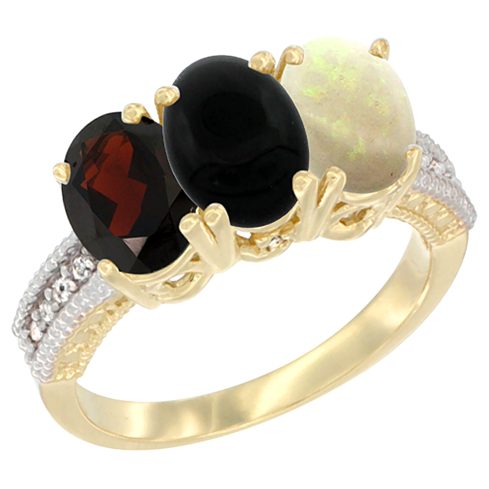 10K Yellow Gold Diamond Natural Garnet, Black Onyx & Opal Ring 3-Stone 7x5 mm Oval, sizes 5 - 10