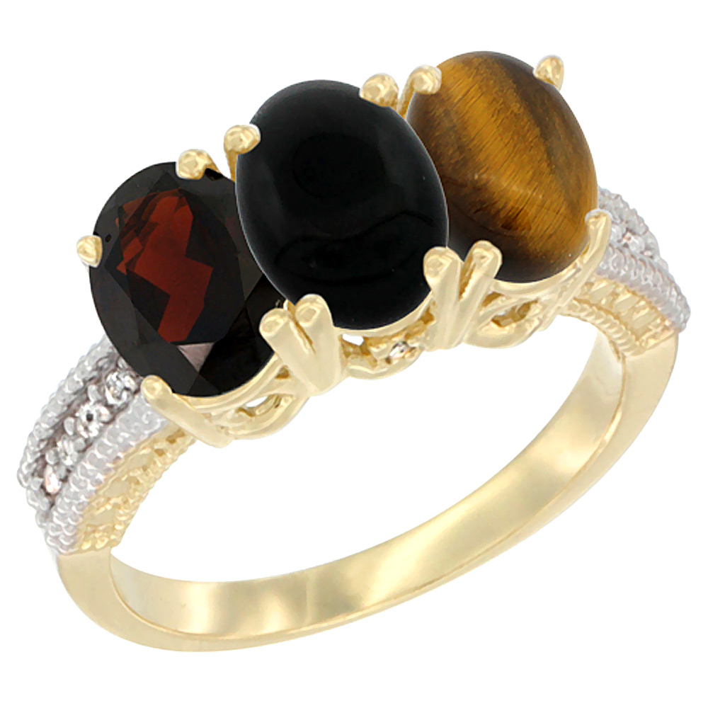 10K Yellow Gold Diamond Natural Garnet, Black Onyx &amp; Tiger Eye Ring 3-Stone 7x5 mm Oval, sizes 5 - 10