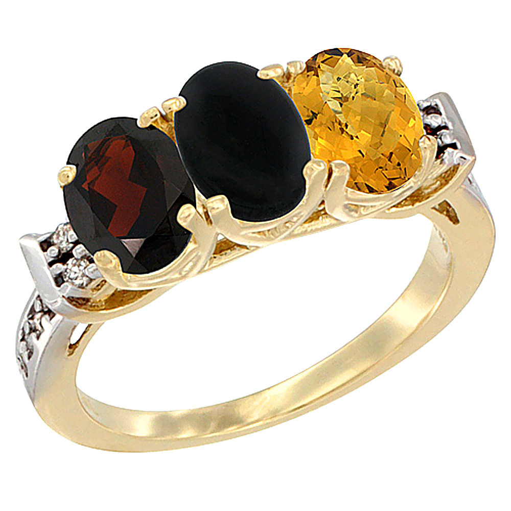 10K Yellow Gold Natural Garnet, Black Onyx &amp; Whisky Quartz Ring 3-Stone Oval 7x5 mm Diamond Accent, sizes 5 - 10