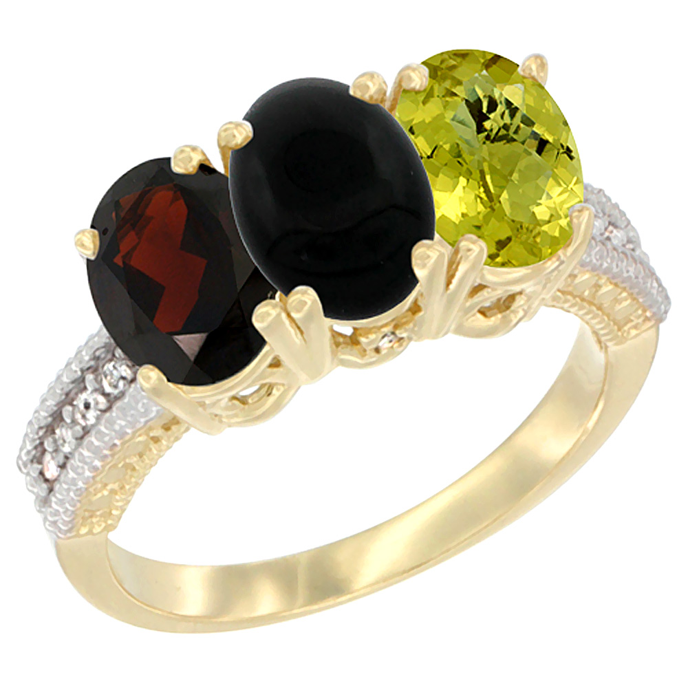 14K Yellow Gold Natural Garnet, Black Onyx &amp; Lemon Quartz Ring 3-Stone 7x5 mm Oval Diamond Accent, sizes 5 - 10