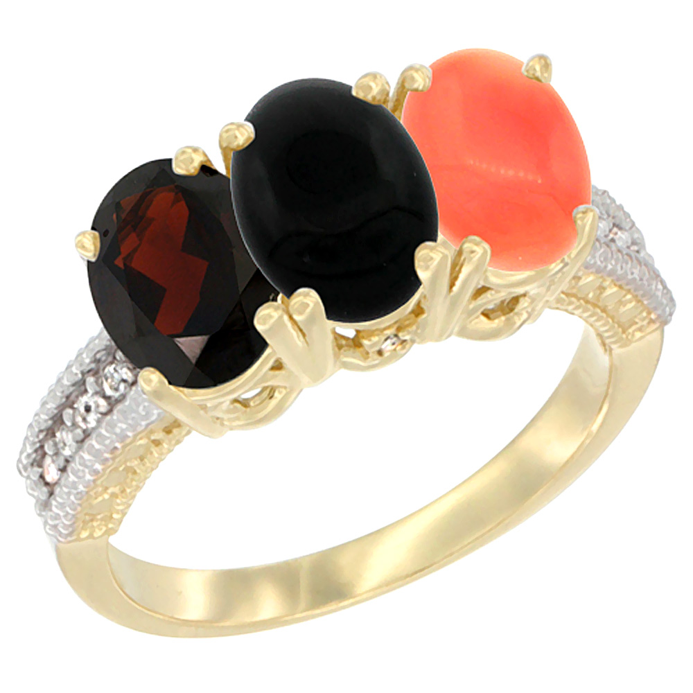 14K Yellow Gold Natural Garnet, Black Onyx & Coral Ring 3-Stone 7x5 mm Oval Diamond Accent, sizes 5 - 10