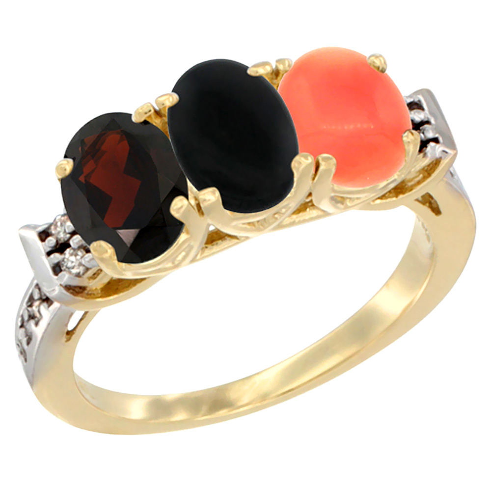 10K Yellow Gold Natural Garnet, Black Onyx & Coral Ring 3-Stone Oval 7x5 mm Diamond Accent, sizes 5 - 10