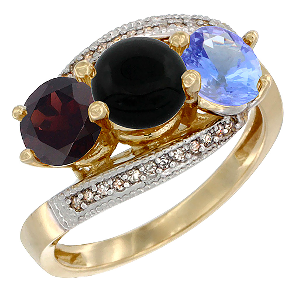 14K Yellow Gold Natural Garnet, Black Onyx &amp; Tanzanite 3 stone Ring Round 6mm Diamond Accent, sizes 5 - 10
