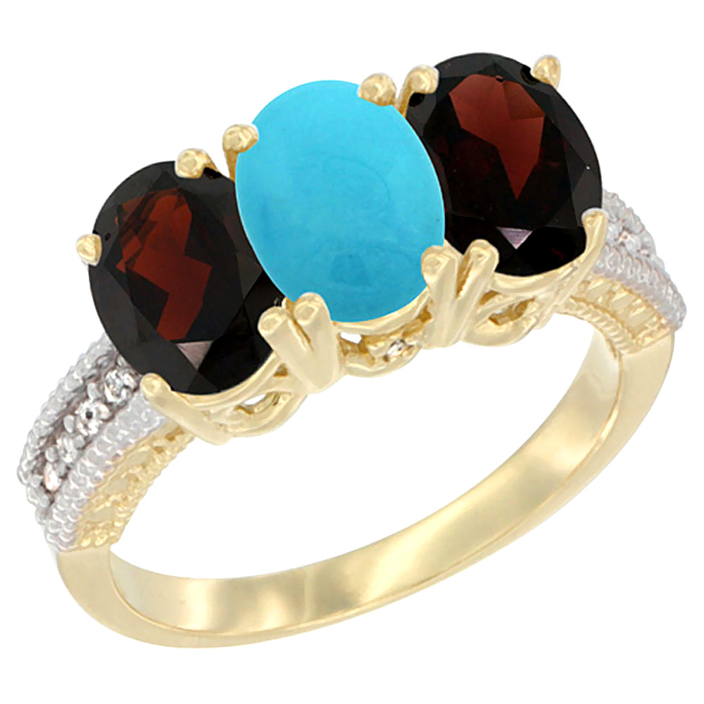 14K Yellow Gold Natural Turquoise &amp; Garnet Sides Ring 3-Stone 7x5 mm Oval Diamond Accent, sizes 5 - 10