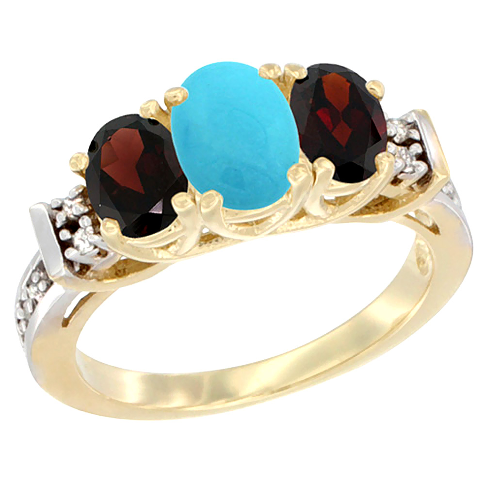 14K Yellow Gold Natural Turquoise & Garnet Ring 3-Stone Oval Diamond Accent
