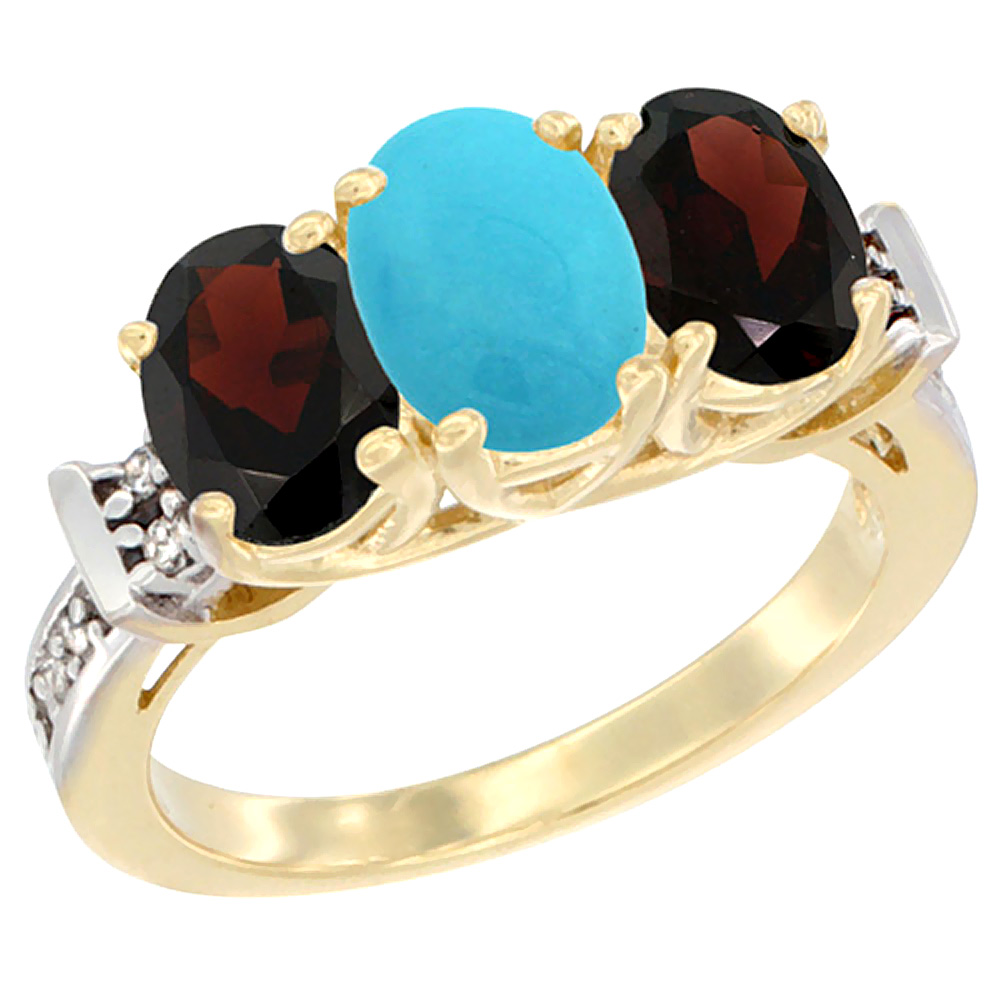 10K Yellow Gold Natural Turquoise & Garnet Sides Ring 3-Stone Oval Diamond Accent, sizes 5 - 10