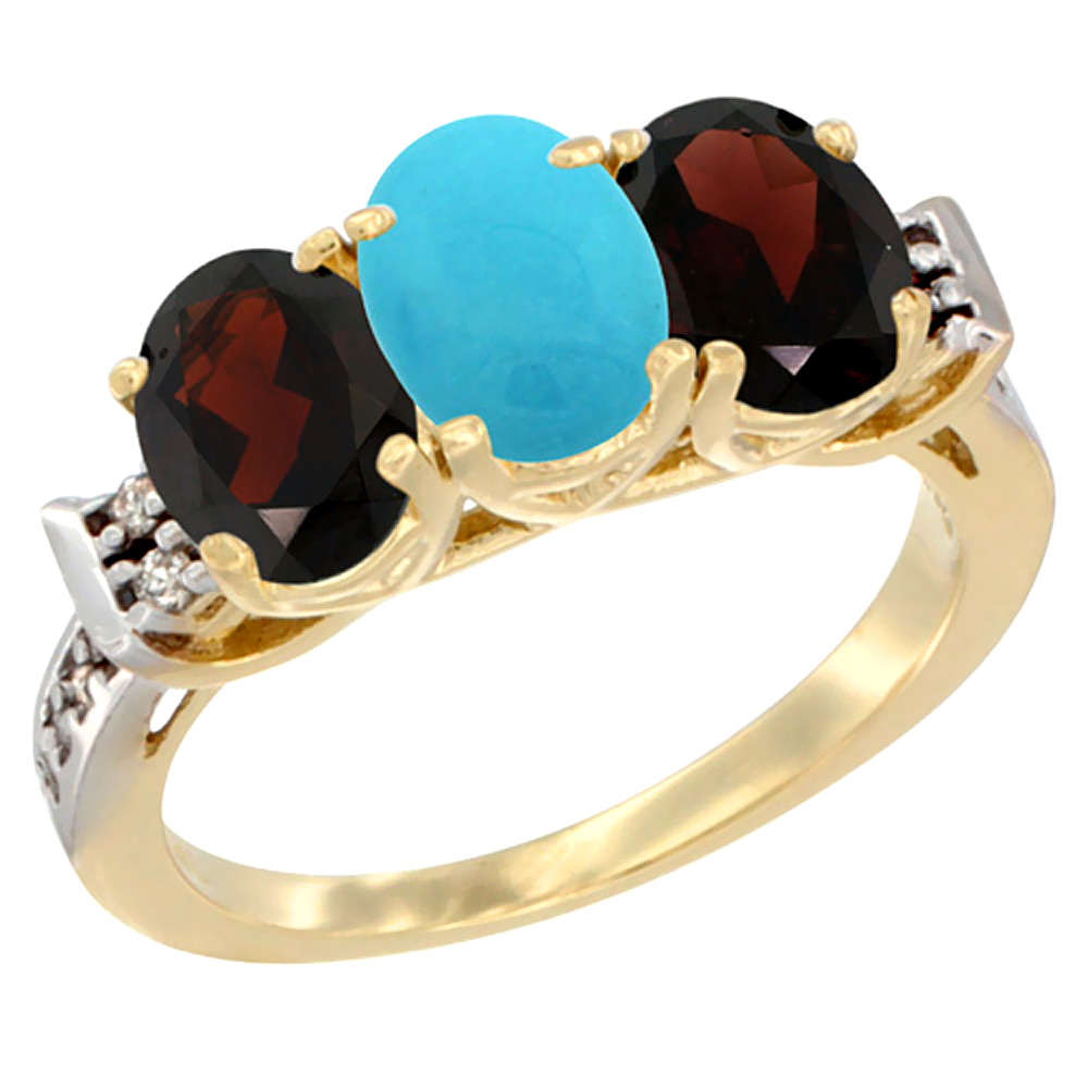 10K Yellow Gold Natural Turquoise &amp; Garnet Sides Ring 3-Stone Oval 7x5 mm Diamond Accent, sizes 5 - 10