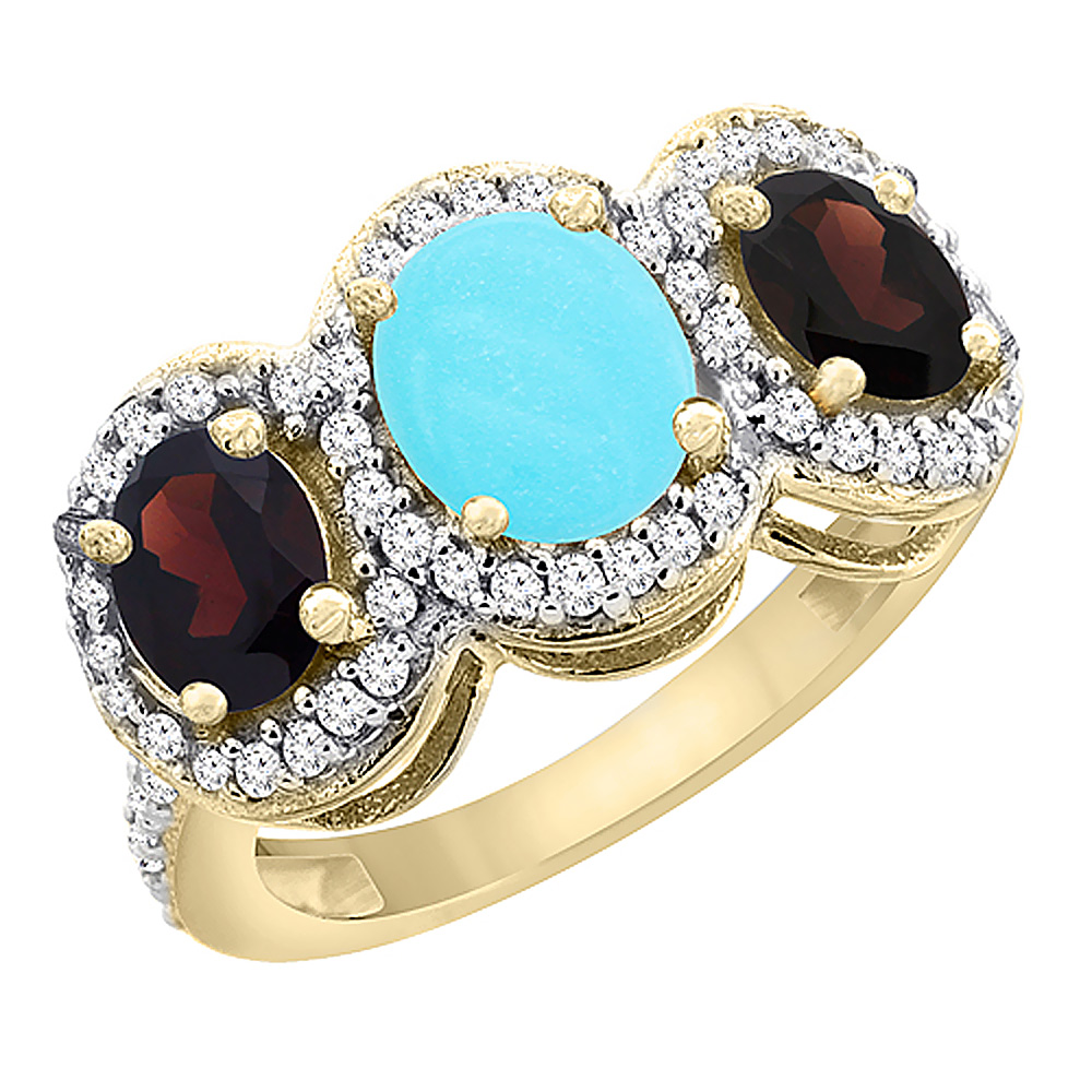 10K Yellow Gold Natural Turquoise &amp; Garnet 3-Stone Ring Oval Diamond Accent, sizes 5 - 10