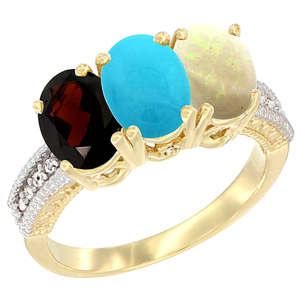 14K Yellow Gold Natural Garnet, Turquoise & Opal Ring 3-Stone 7x5 mm Oval Diamond Accent, sizes 5 - 10