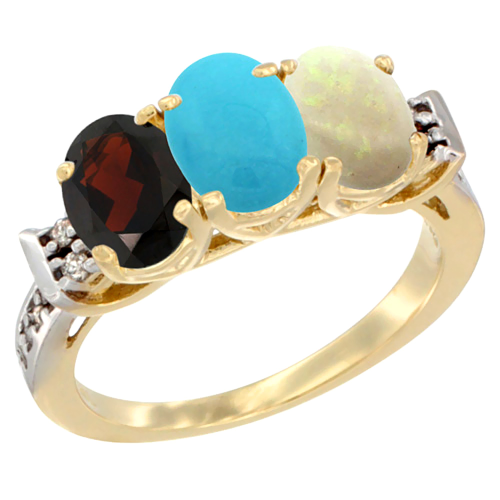 10K Yellow Gold Natural Garnet, Turquoise &amp; Opal Ring 3-Stone Oval 7x5 mm Diamond Accent, sizes 5 - 10
