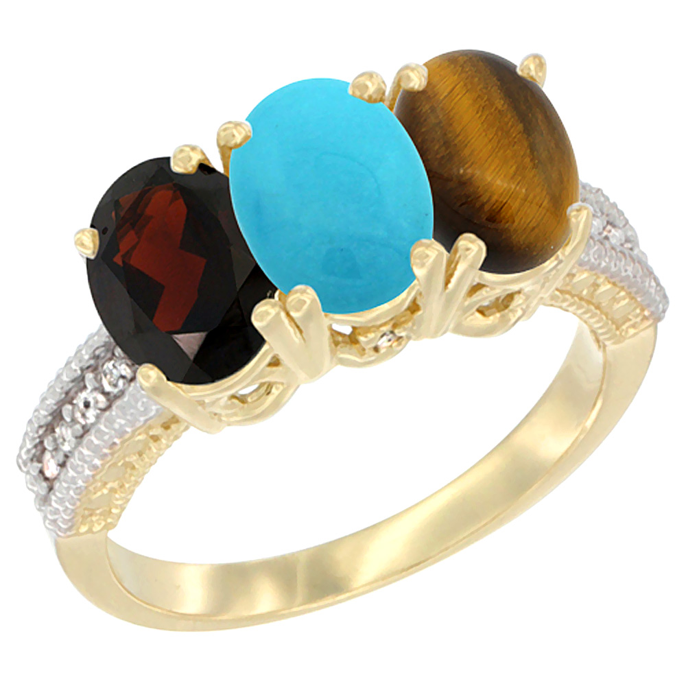14K Yellow Gold Natural Garnet, Turquoise & Tiger Eye Ring 3-Stone 7x5 mm Oval Diamond Accent, sizes 5 - 10