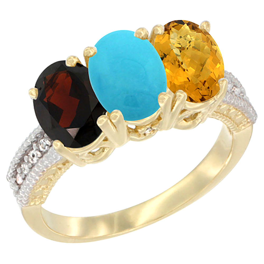 14K Yellow Gold Natural Garnet, Turquoise & Whisky Quartz Ring 3-Stone 7x5 mm Oval Diamond Accent, sizes 5 - 10