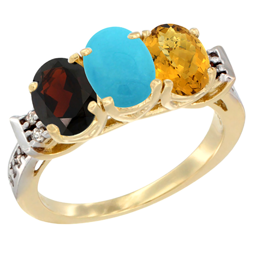 14K Yellow Gold Natural Garnet, Turquoise &amp; Whisky Quartz Ring 3-Stone 7x5 mm Oval Diamond Accent, sizes 5 - 10