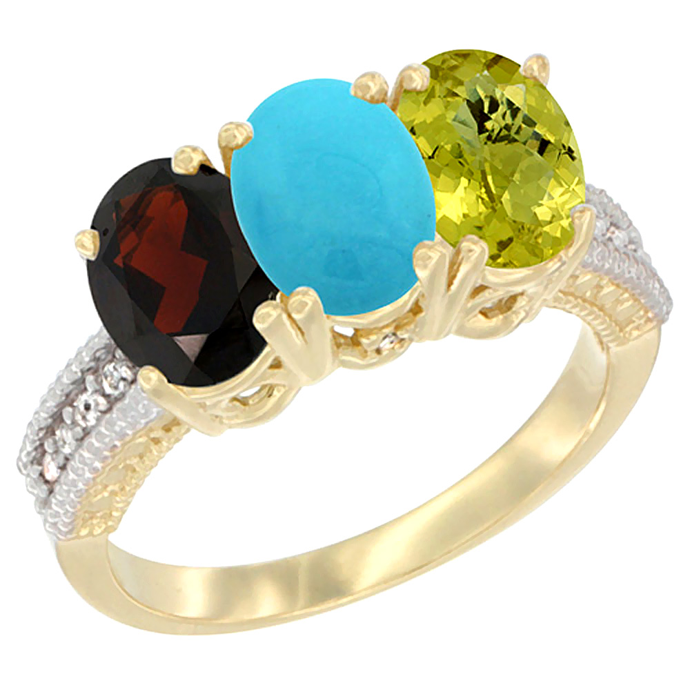 14K Yellow Gold Natural Garnet, Turquoise &amp; Lemon Quartz Ring 3-Stone 7x5 mm Oval Diamond Accent, sizes 5 - 10