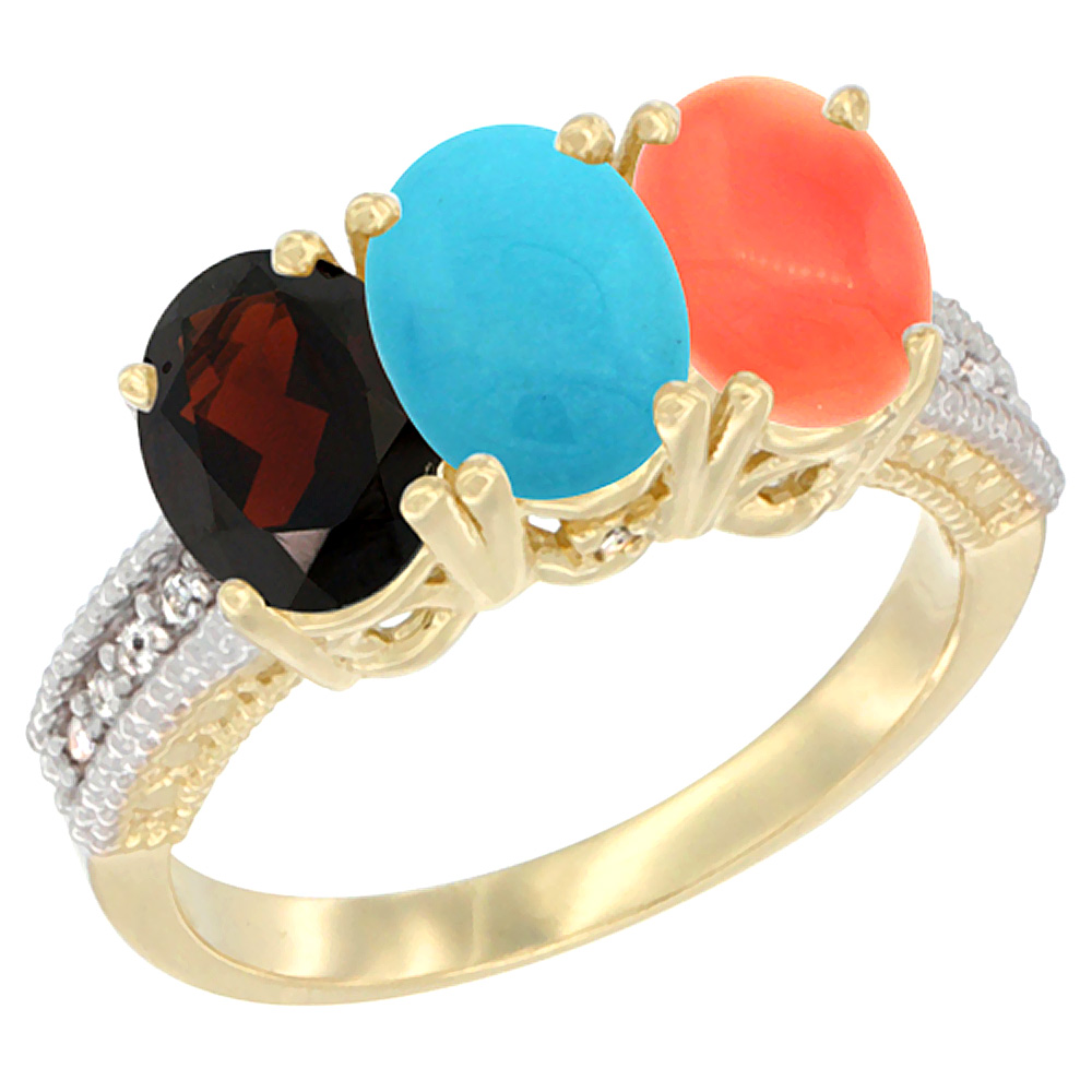 10K Yellow Gold Diamond Natural Garnet, Turquoise &amp; Coral Ring 3-Stone 7x5 mm Oval, sizes 5 - 10