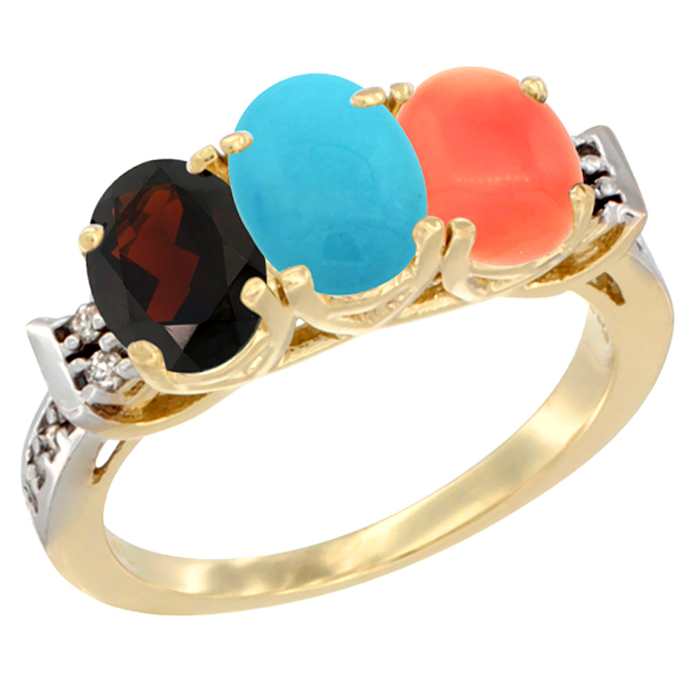 14K Yellow Gold Natural Garnet, Turquoise & Coral Ring 3-Stone 7x5 mm Oval Diamond Accent, sizes 5 - 10