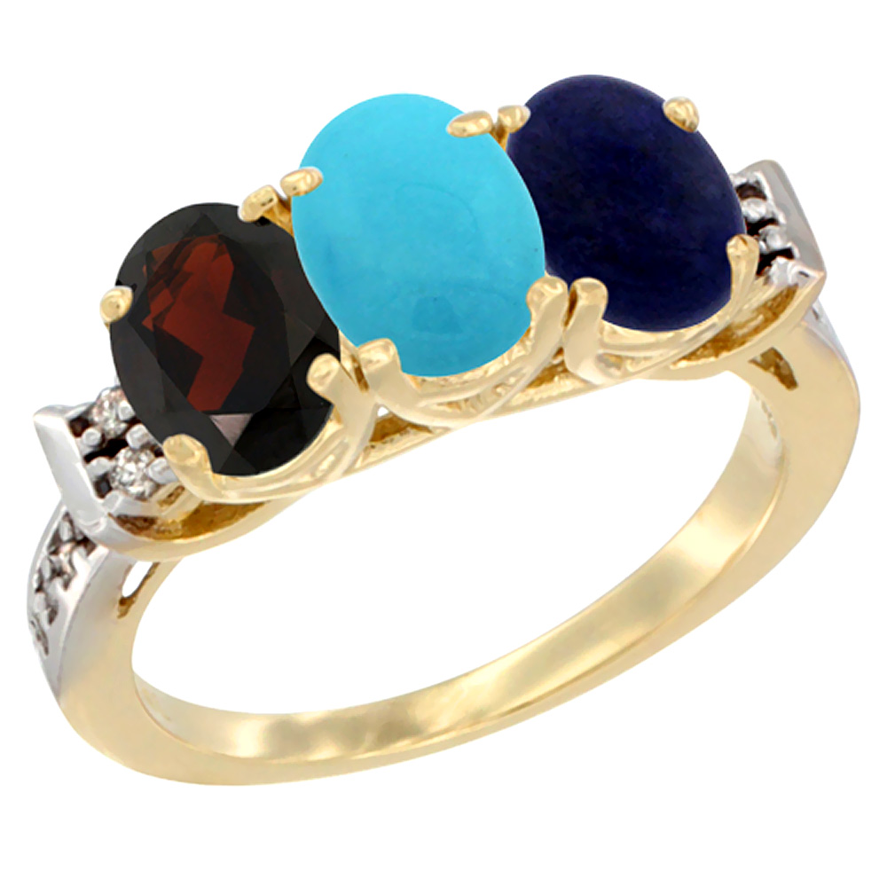 14K Yellow Gold Natural Garnet, Turquoise & Lapis Ring 3-Stone 7x5 mm Oval Diamond Accent, sizes 5 - 10
