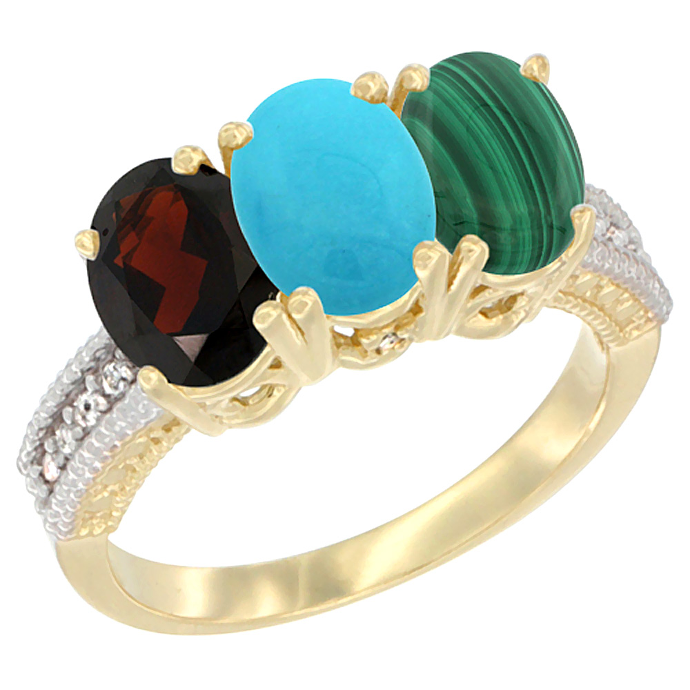 14K Yellow Gold Natural Garnet, Turquoise & Malachite Ring 3-Stone 7x5 mm Oval Diamond Accent, sizes 5 - 10