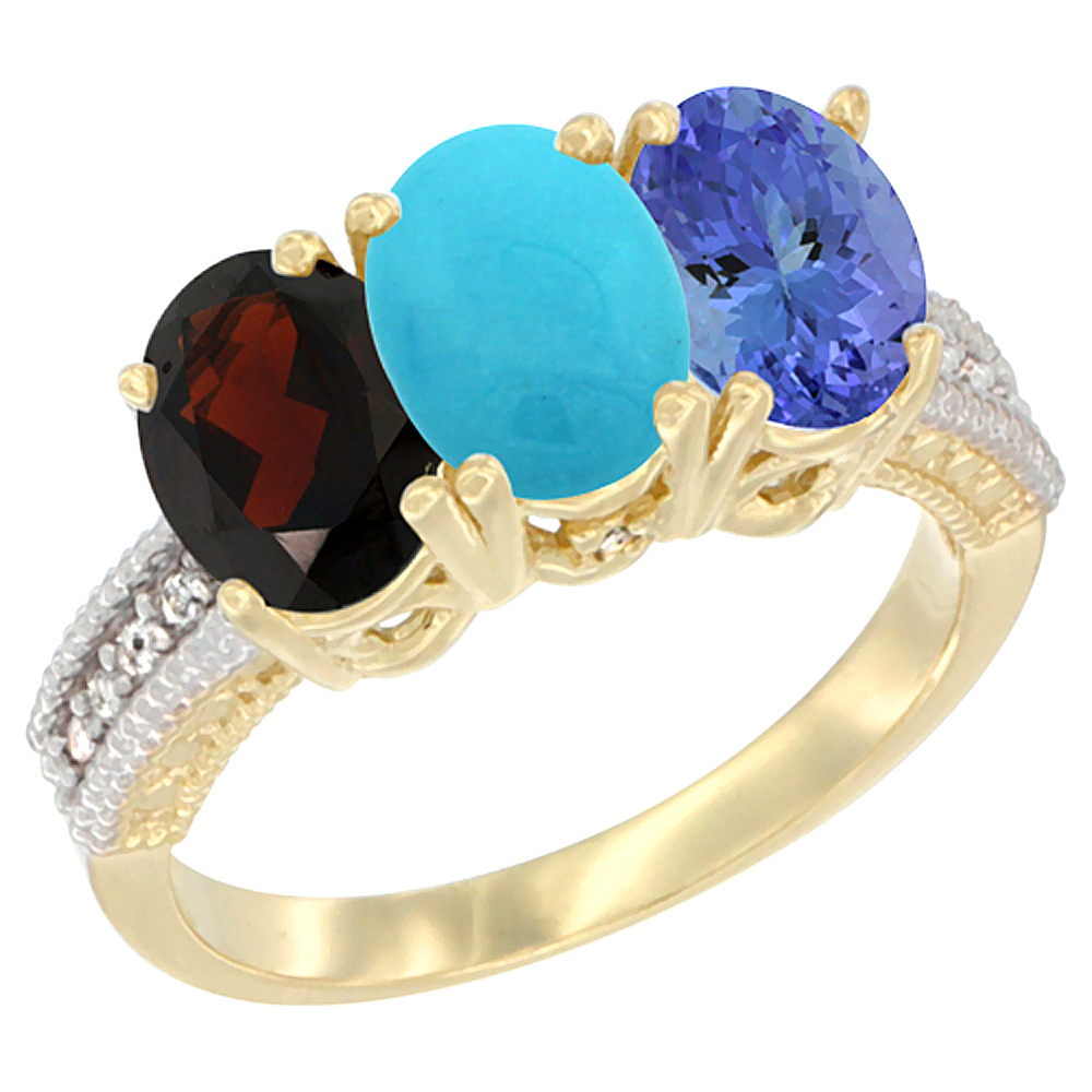 14K Yellow Gold Natural Garnet, Turquoise &amp; Tanzanite Ring 3-Stone 7x5 mm Oval Diamond Accent, sizes 5 - 10