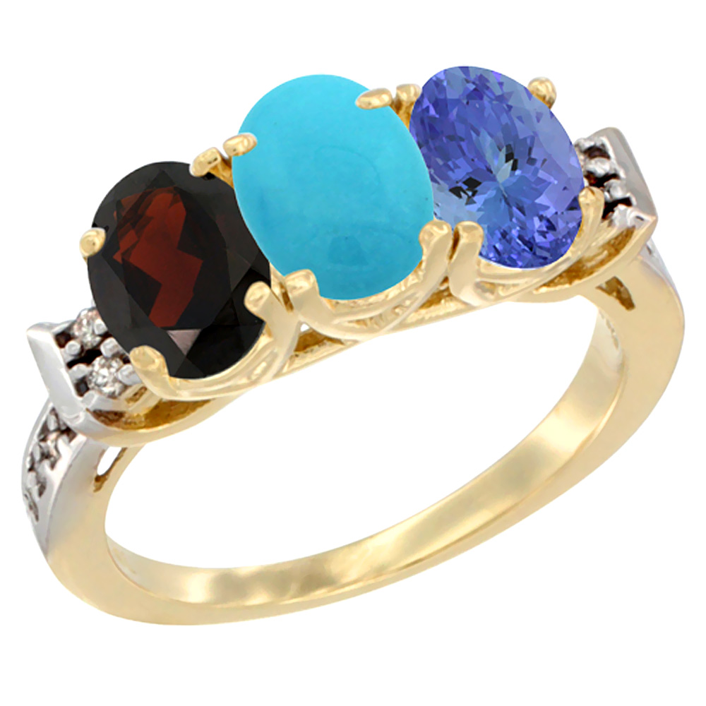 14K Yellow Gold Natural Garnet, Turquoise & Tanzanite Ring 3-Stone 7x5 mm Oval Diamond Accent, sizes 5 - 10