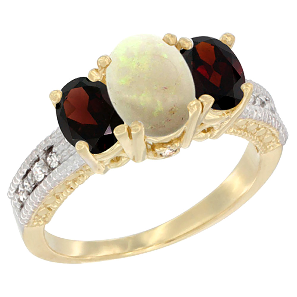 10K Yellow Gold Diamond Natural Opal Ring Oval 3-stone with Garnet, sizes 5 - 10