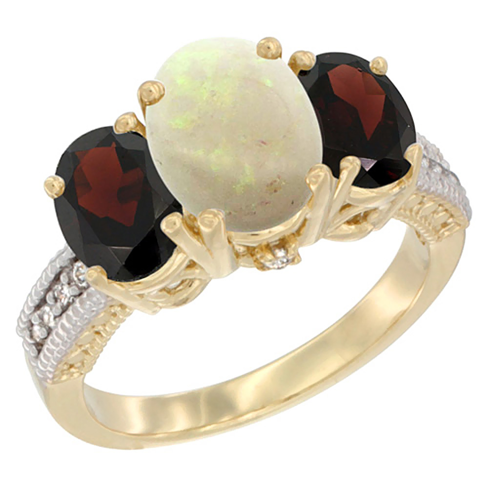 10K Yellow Gold Diamond Natural Opal Ring 3-Stone Oval 8x6mm with Garnet, sizes5-10