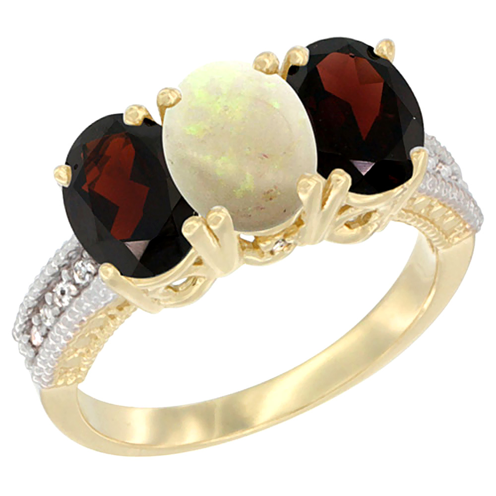 14K Yellow Gold Natural Opal & Garnet Sides Ring 3-Stone 7x5 mm Oval Diamond Accent, sizes 5 - 10