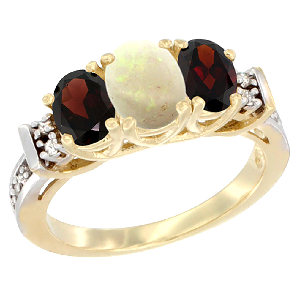14K Yellow Gold Natural Opal &amp; Garnet Ring 3-Stone Oval Diamond Accent