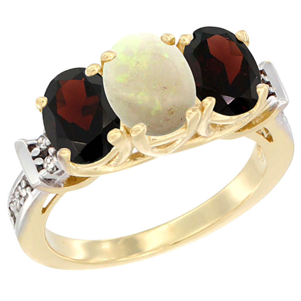 10K Yellow Gold Natural Opal & Garnet Sides Ring 3-Stone Oval Diamond Accent, sizes 5 - 10