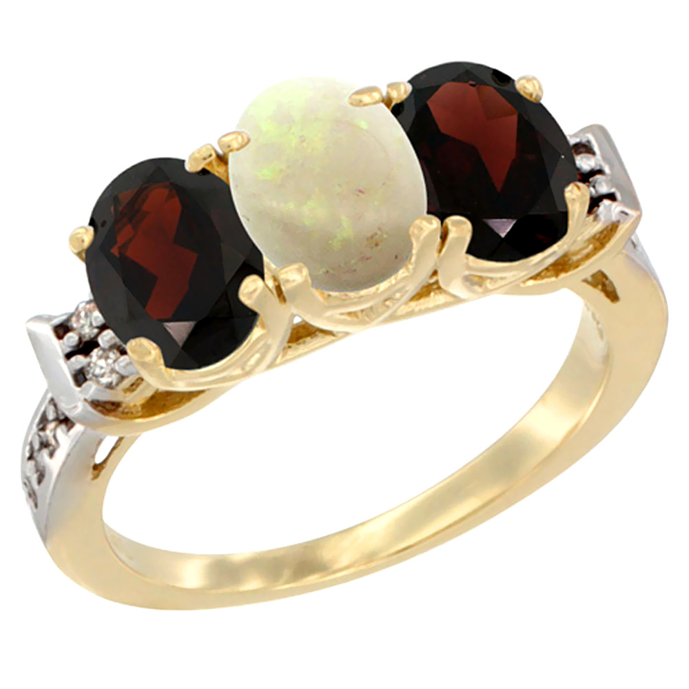 10K Yellow Gold Natural Opal & Garnet Sides Ring 3-Stone Oval 7x5 mm Diamond Accent, sizes 5 - 10