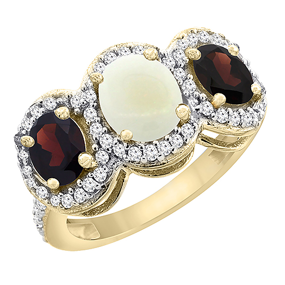 10K Yellow Gold Natural Opal &amp; Garnet 3-Stone Ring Oval Diamond Accent, sizes 5 - 10
