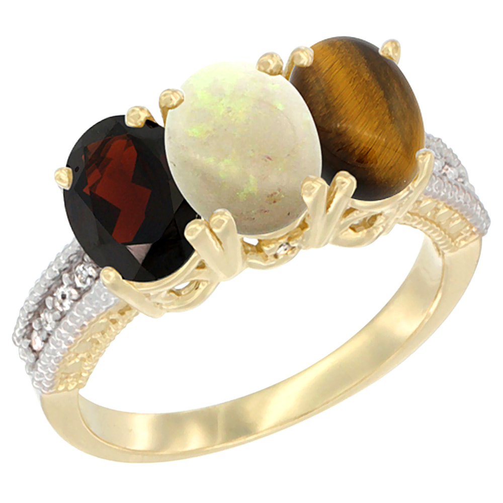 14K Yellow Gold Natural Garnet, Opal &amp; Tiger Eye Ring 3-Stone 7x5 mm Oval Diamond Accent, sizes 5 - 10