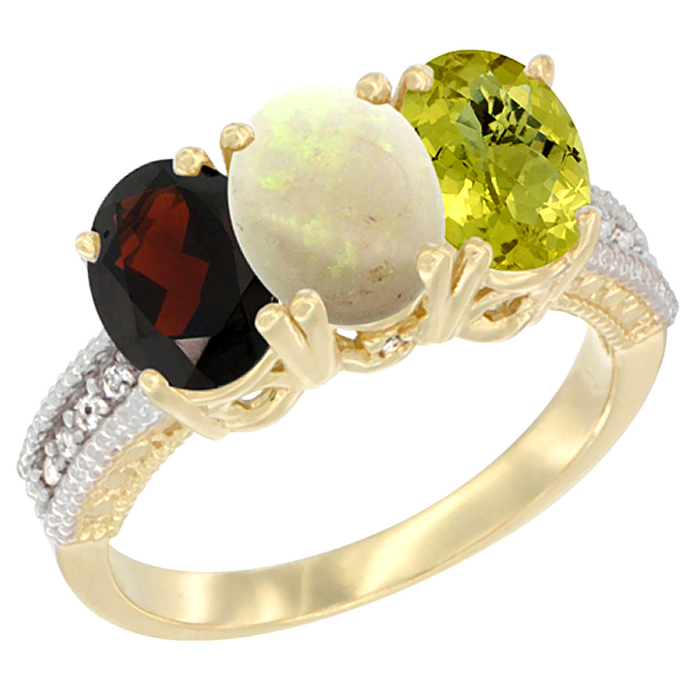 14K Yellow Gold Natural Garnet, Opal & Lemon Quartz Ring 3-Stone 7x5 mm Oval Diamond Accent, sizes 5 - 10