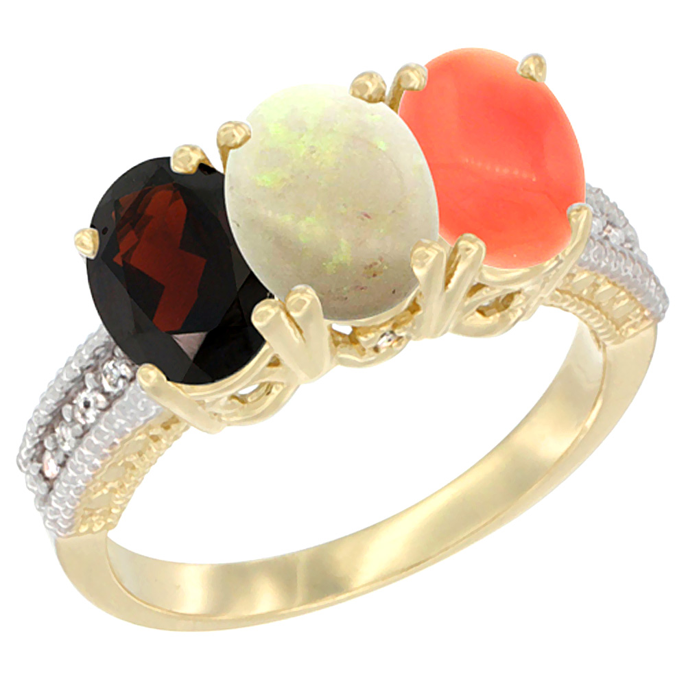 14K Yellow Gold Natural Garnet, Opal &amp; Coral Ring 3-Stone 7x5 mm Oval Diamond Accent, sizes 5 - 10