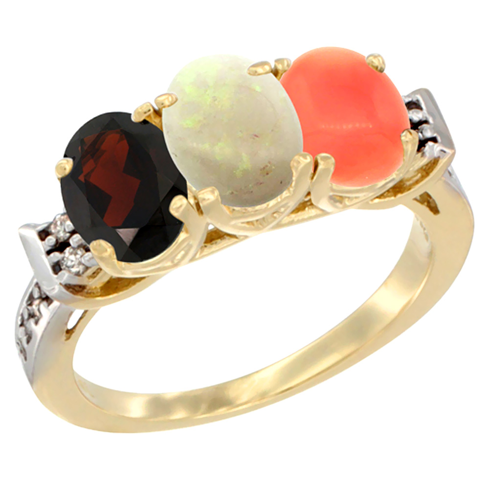 14K Yellow Gold Natural Garnet, Opal & Coral Ring 3-Stone 7x5 mm Oval Diamond Accent, sizes 5 - 10