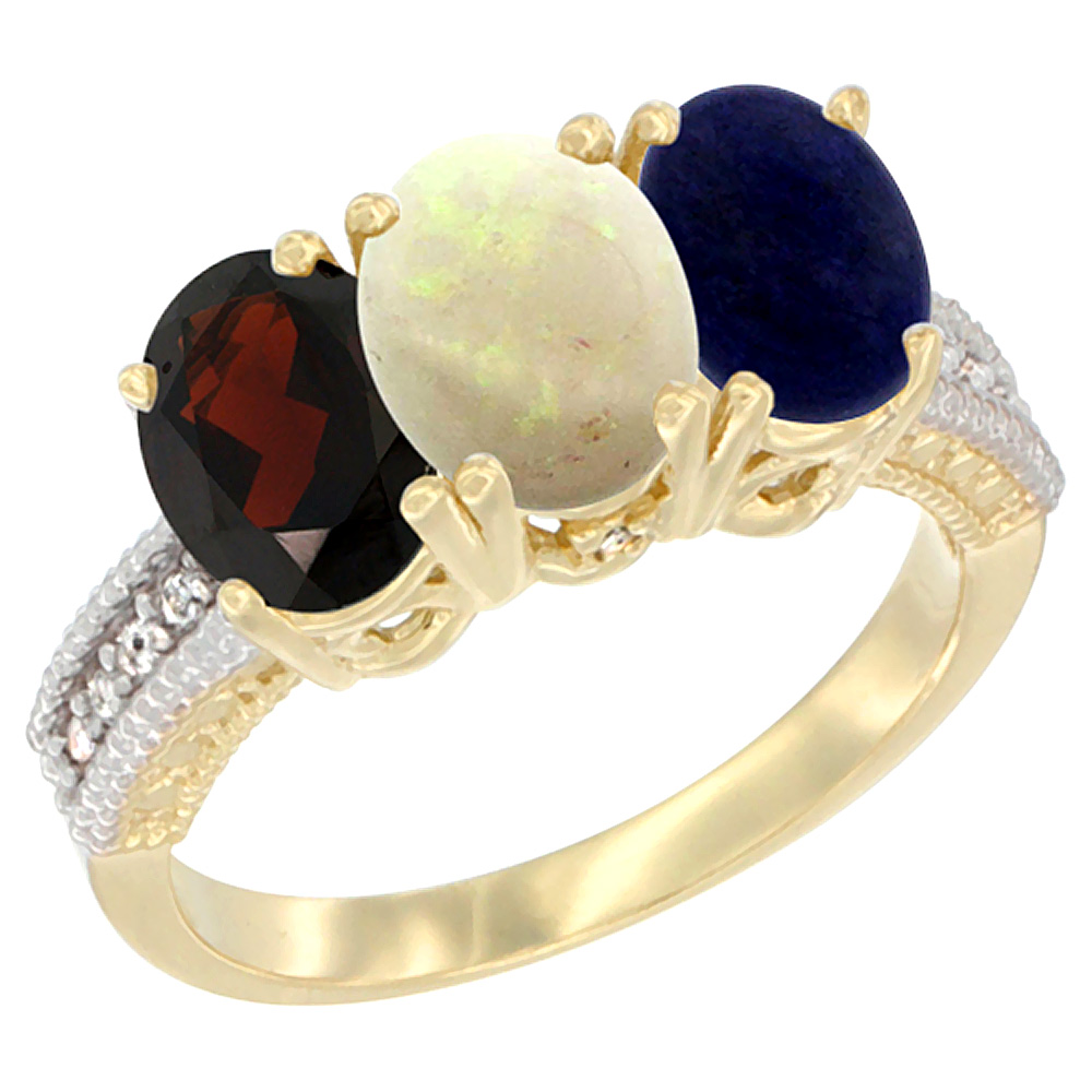 14K Yellow Gold Natural Garnet, Opal & Lapis Ring 3-Stone 7x5 mm Oval Diamond Accent, sizes 5 - 10