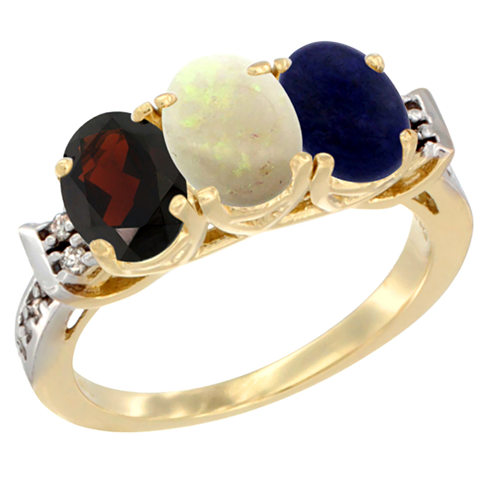 10K Yellow Gold Natural Garnet, Opal & Lapis Ring 3-Stone Oval 7x5 mm Diamond Accent, sizes 5 - 10