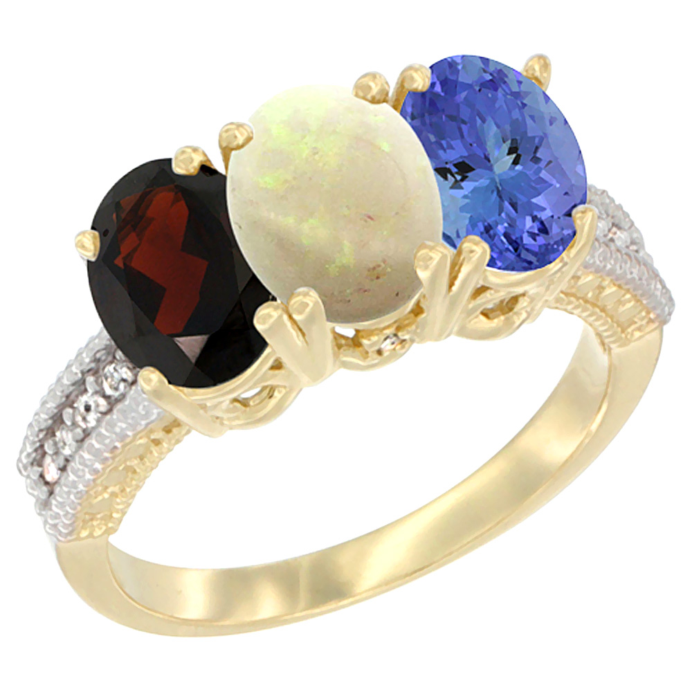 14K Yellow Gold Natural Garnet, Opal &amp; Tanzanite Ring 3-Stone 7x5 mm Oval Diamond Accent, sizes 5 - 10