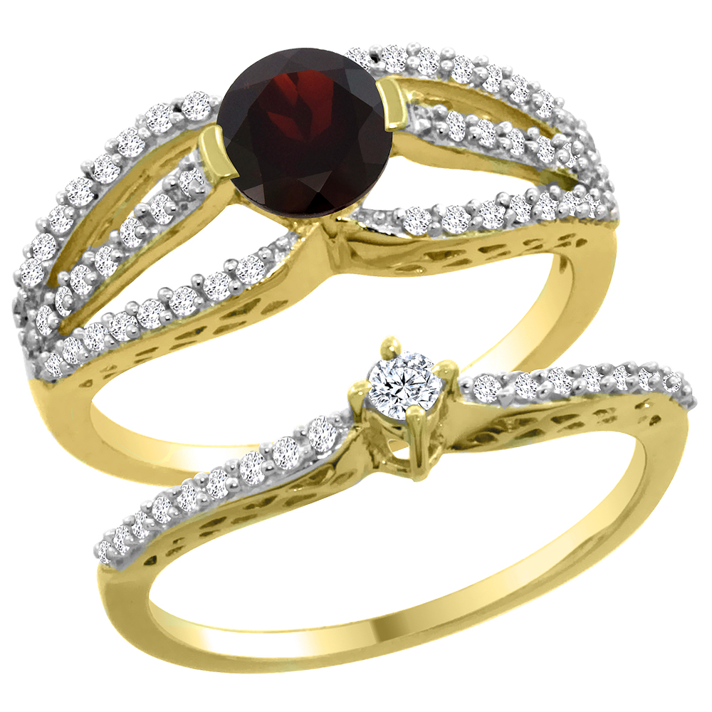 14K Yellow Gold Natural Garnet 2-piece Engagement Ring Set Round 5mm, sizes 5 - 10