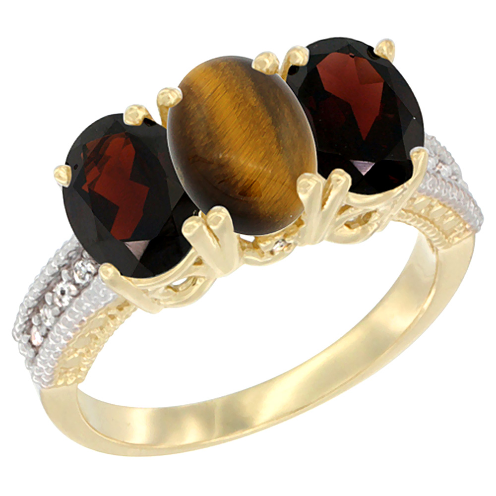 14K Yellow Gold Natural Tiger Eye & Garnet Sides Ring 3-Stone 7x5 mm Oval Diamond Accent, sizes 5 - 10
