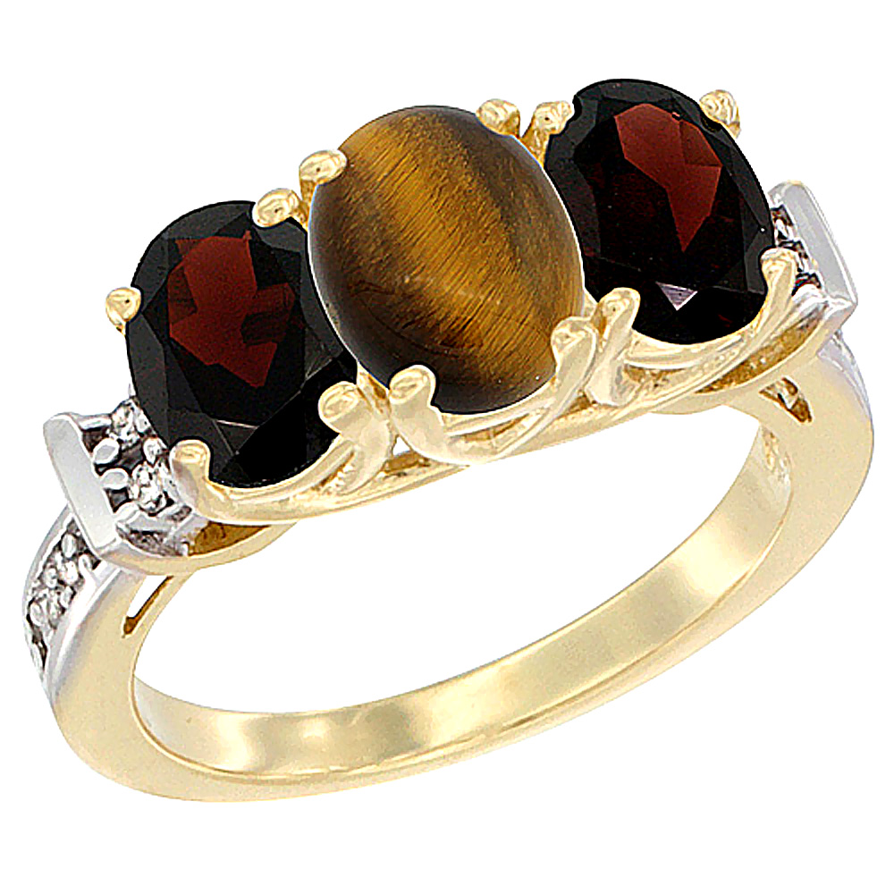 14K Yellow Gold Natural Tiger Eye & Garnet Sides Ring 3-Stone Oval Diamond Accent, sizes 5 - 10