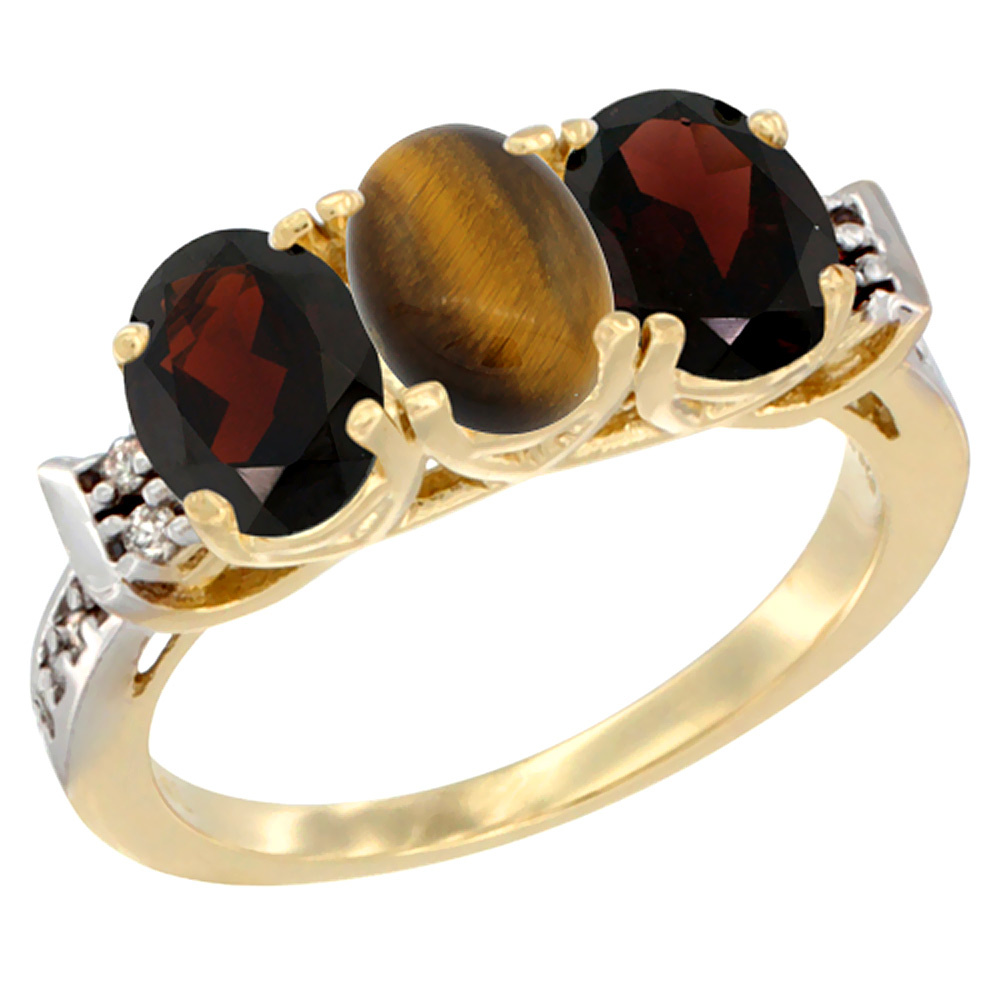 14K Yellow Gold Natural Tiger Eye &amp; Garnet Sides Ring 3-Stone 7x5 mm Oval Diamond Accent, sizes 5 - 10