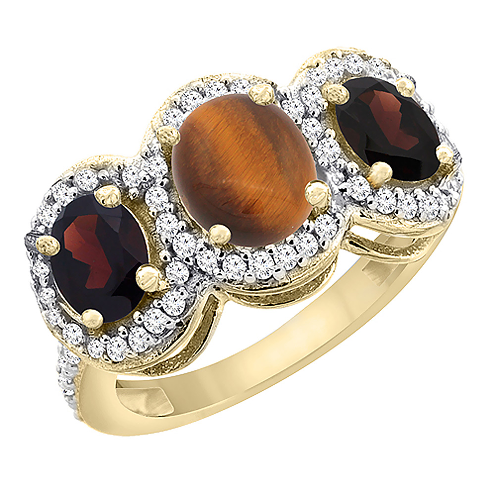 14K Yellow Gold Natural Tiger Eye & Garnet 3-Stone Ring Oval Diamond Accent, sizes 5 - 10