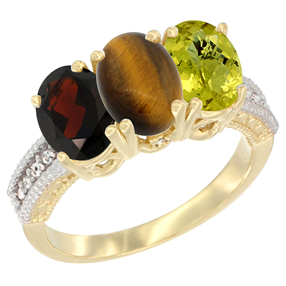 14K Yellow Gold Natural Garnet, Tiger Eye &amp; Lemon Quartz Ring 3-Stone 7x5 mm Oval Diamond Accent, sizes 5 - 10