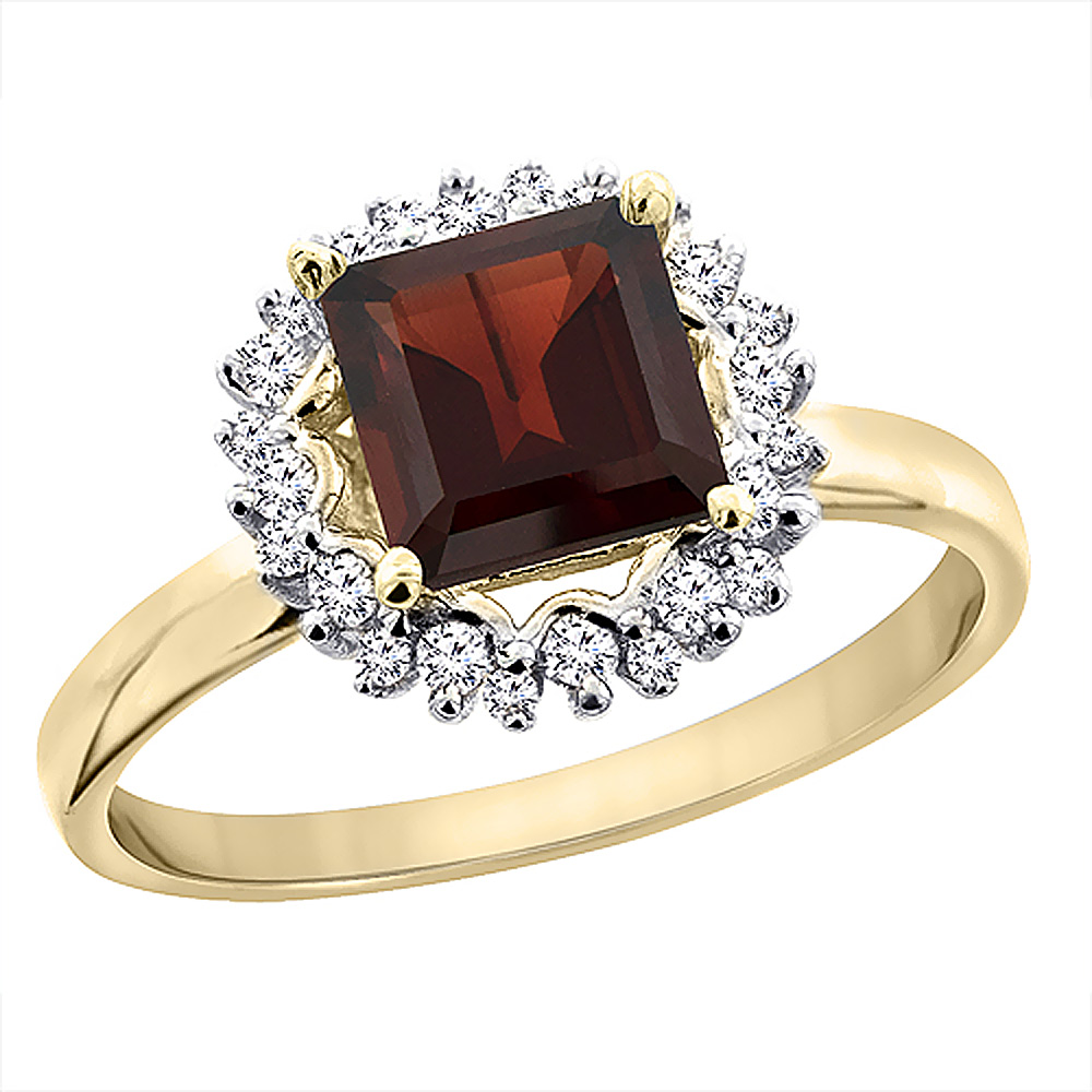 14K Yellow Gold Natural Garnet Ring Square 6x6 mm Diamond Accents, sizes 5 - 10