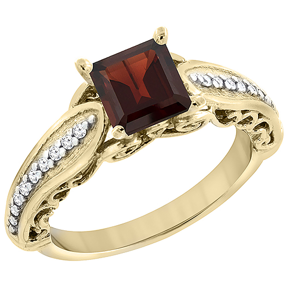 10K Yellow Gold Natural Garnet Ring Square 8x8mm with Diamond Accents, sizes 5 - 10