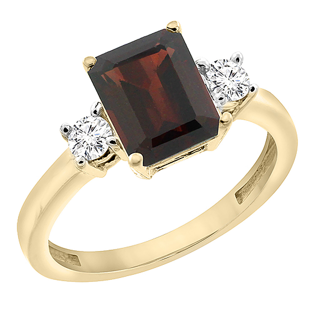 10K Yellow Gold Natural Garnet Ring Octagon 8x6 mm with Diamond Accents, sizes 5 - 10