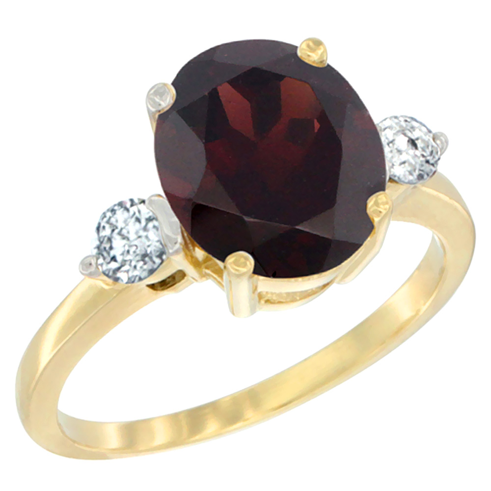 10K Yellow Gold 10x8mm Oval Natural Garnet Ring for Women Diamond Side-stones sizes 5 - 10