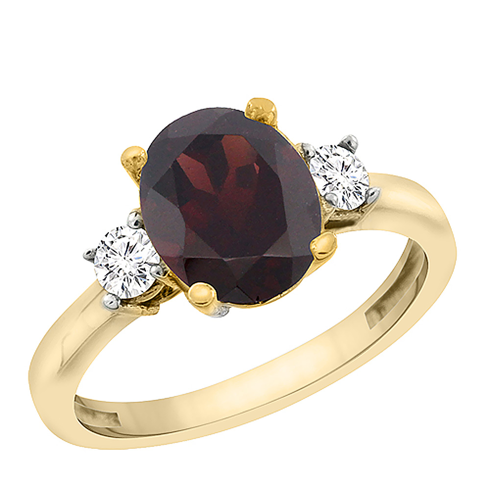 14K Yellow Gold Natural Garnet Engagement Ring Oval 10x8 mm Diamond Sides, sizes 5 - 10